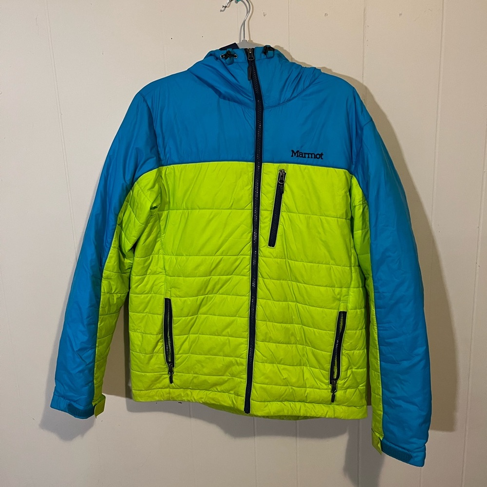 Marmot down alternative jacket good condition neon green and blue